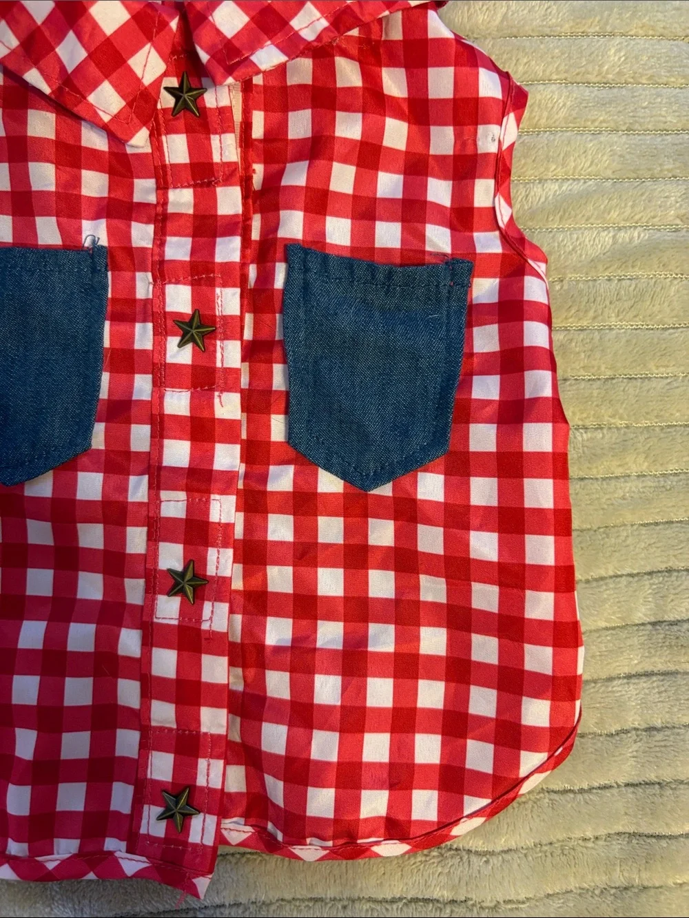 Red Gingham Dog Shirt with Denim Pockets - never worn, XS size